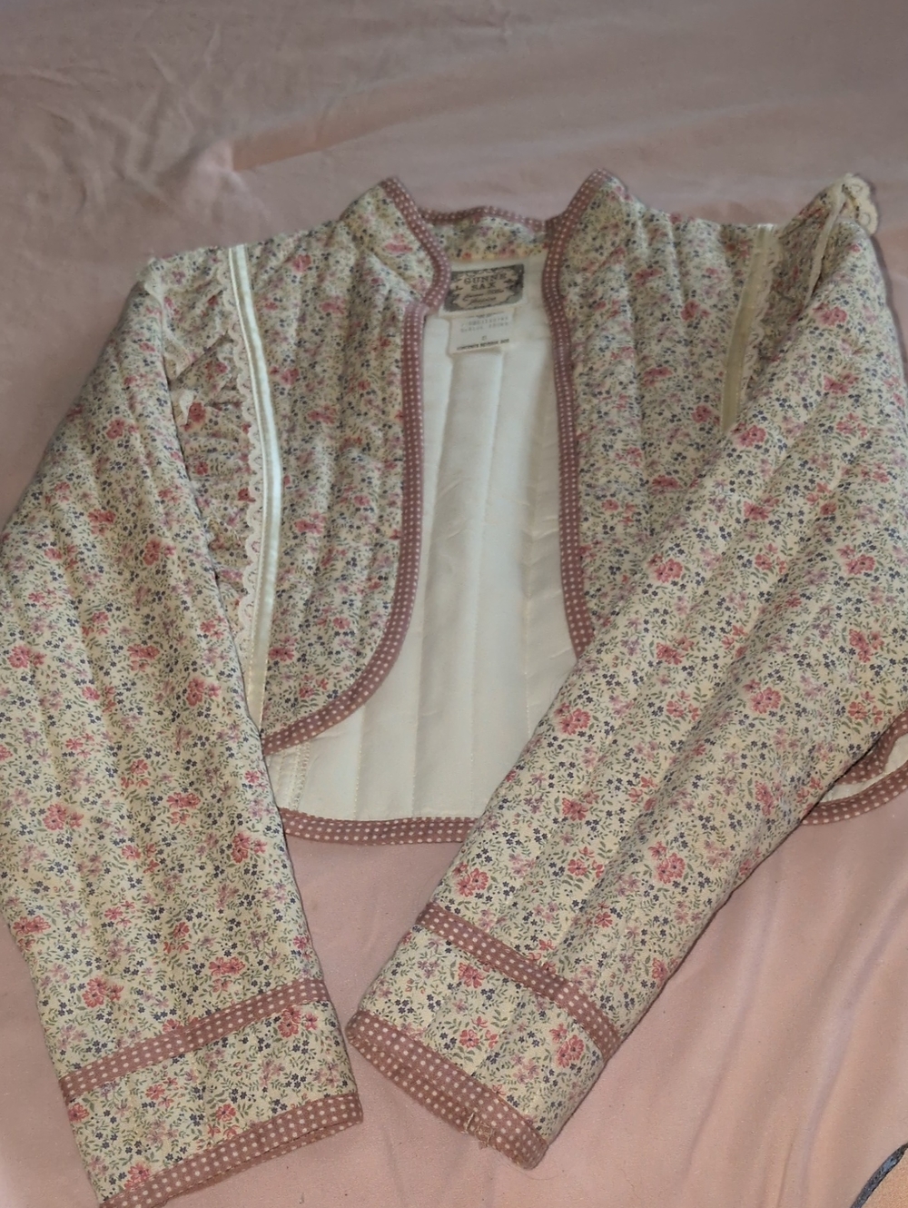Gunne Sax Cream Floral Quilted Cardigan with Pink Trim and Polka-Edge